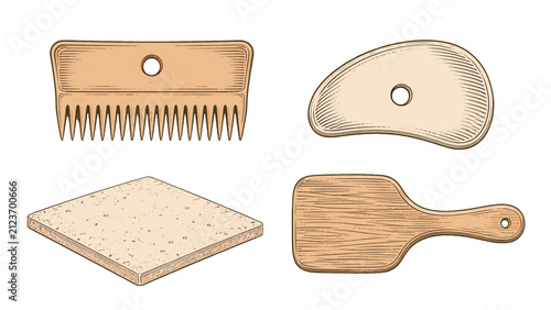 Set of wooden comb, gua sha tool, tile and cutting board