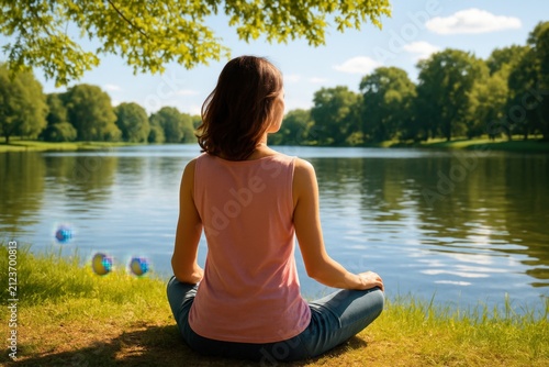 A serene midday scene of a woman sitting peacefully by a calm lake, wearing a pastel pink sleeveless shirt and surrounded by lush greenery, sunlight reflections, and the gentle tranquility of nature.