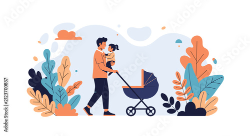 Caring father carries his young daughter while walking with a baby stroller through a park filled with colorful autumn leaves.