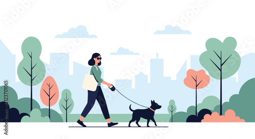 Active woman in casual clothes walks her black dog on a leash through a city park with skyscrapers in the misty background.
