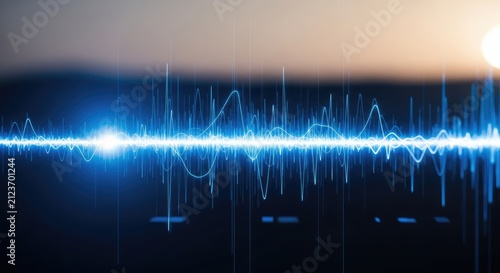 Abstract Blue Sound Waveform Visualization with Lens Flare and Bokeh Effect.