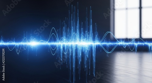 Abstract Blue Sound Waveform Visualization with Light Streaks.