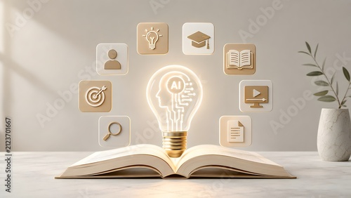 Bright modern 3D educational concept with open book glowing lightbulb artificial intelligence brain and floating learning icons on marble desk
