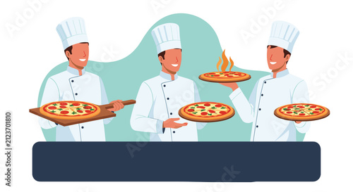 Three cheerful pizza chefs in traditional white hats and uniforms hold steaming hot Italian pizzas ready for hungry customers.