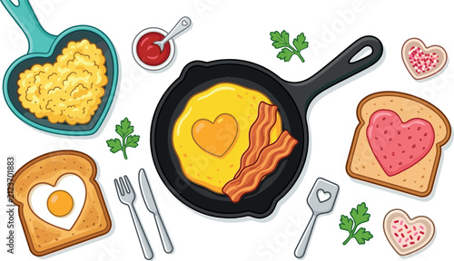 Obraz na płótnie Romantic breakfast vector set with heart shaped fried egg bacon in cast iron skillet scrambled eggs toast jam and cookies isolated on white background