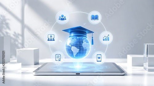 Tablet displaying glowing blue globe with graduation cap and virtual education icons representing global online learning and smart digital education technology