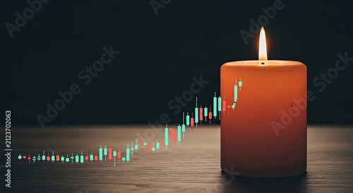 Candle Burning Next to Upward Trend Stock Market Graph.