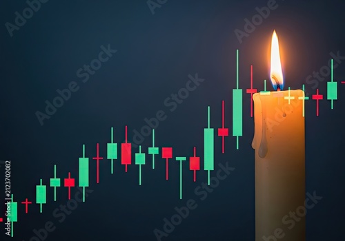 Candle Burning Beside Stock Market Candlestick Chart Illustrating Financial Volatility.