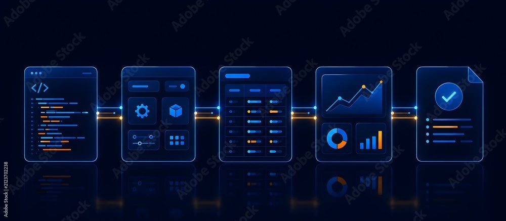 Fototapeta premium Glowing blue digital workflow panels representing software development lifecycle automated data pipeline and system integration