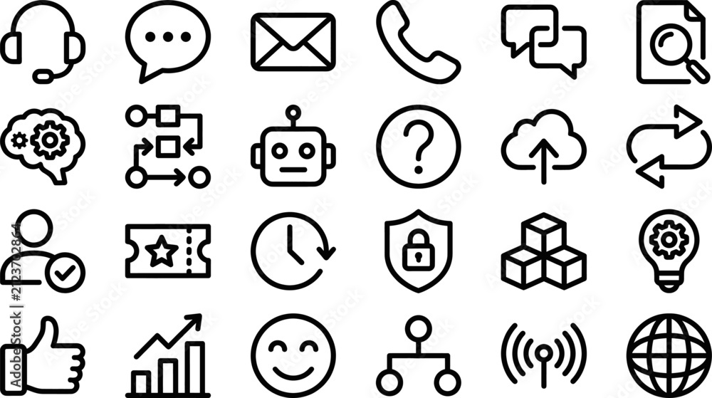 Fototapeta premium Business line icons set in editable vector style. Communication, technology, security, feedback, productivity, workflow icons collection. Editable stroke. Vector.