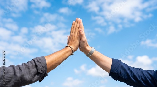 Two People Giving a High Five Outdoors