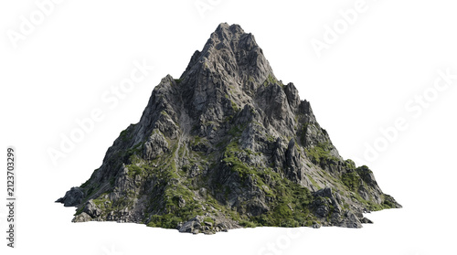 A single rocky mountain peak with green vegetation isolated on a solid black background for composite design