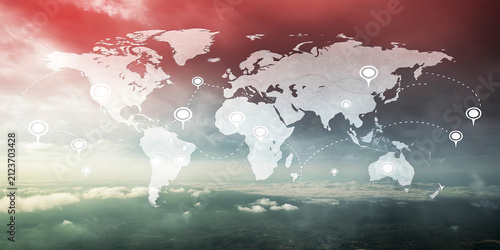 Abstract Red World Map with Dramatic Sky Background | Global Business Concept