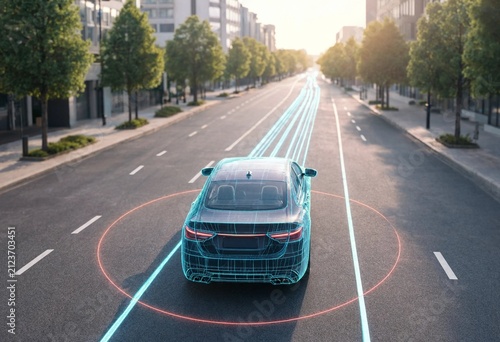 Autonomous vehicle driving through smart city with AI wireframe mapping, sensor visualization, connected mobility, lidar navigation, intelligent transportation, future automotive technology concept.