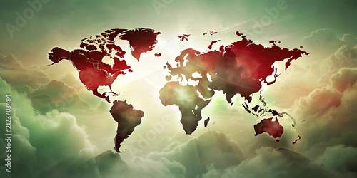 Abstract Red World Map with Dramatic Sky Background | Global Business Concept