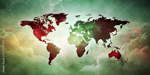 Abstract Red World Map with Dramatic Sky Background | Global Business Concept