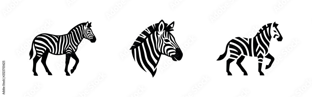 Obraz premium Zebra icon set. Striped African horse-like animal in full body and head view, black and white illustration.