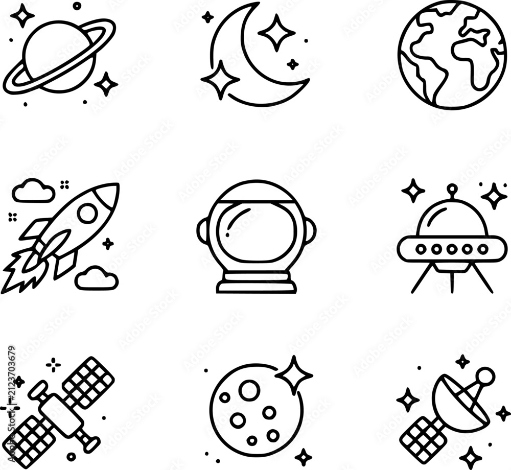 Fototapeta premium Collection of space and astronomy planet, moon, earth, rocket, astronaut helmet, ufo, satellite