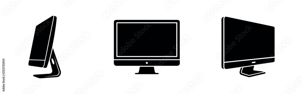 Fototapeta premium Computer monitor icon set. Desktop screen from different angles, black silhouette illustration.