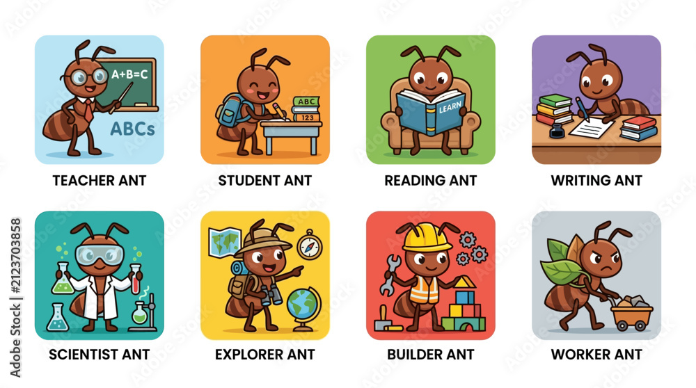 Fototapeta premium Vibrant cartoon ant characters representing unique professional and educational roles like teacher, student, and scientist, perfect for engaging children's visuals