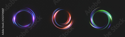 Multicolored glowing circular rings isolated on a transparent dark background. Vector effects for creating energetic, magical, and abstract designs.