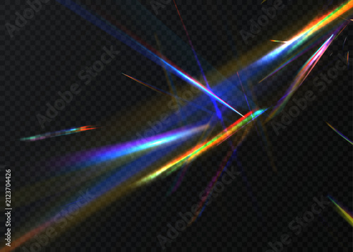 Canvas Print Multicolored prismatic rays of light with vibrant rainbow stripes and intersecting beams, isolated on a transparent dark background