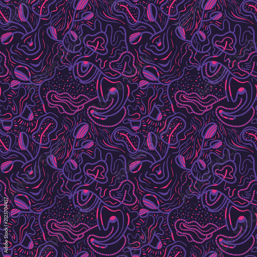 Abstract hand-drawn organic seamless pattern with abstract shapes, lines, and flowing liquid textures in a contemporary modern style