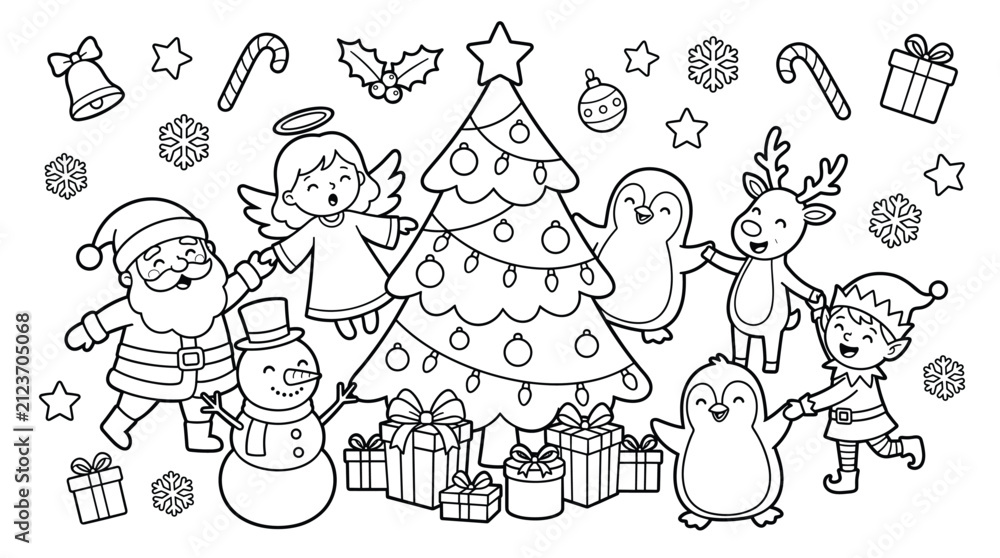 Fototapeta premium Christmas celebration with santa claus reindeer snowman and angel coloring page for kids