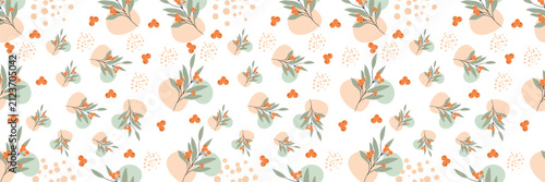 Abstract botanical background displaying orange berry leaf seamless pattern