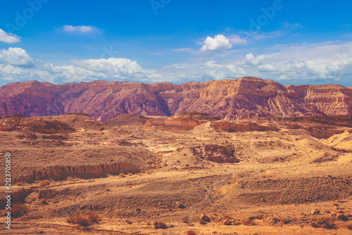 View of the desert. View of the valley with mountains on the backdrop. Timna Park, Eilat, Israel