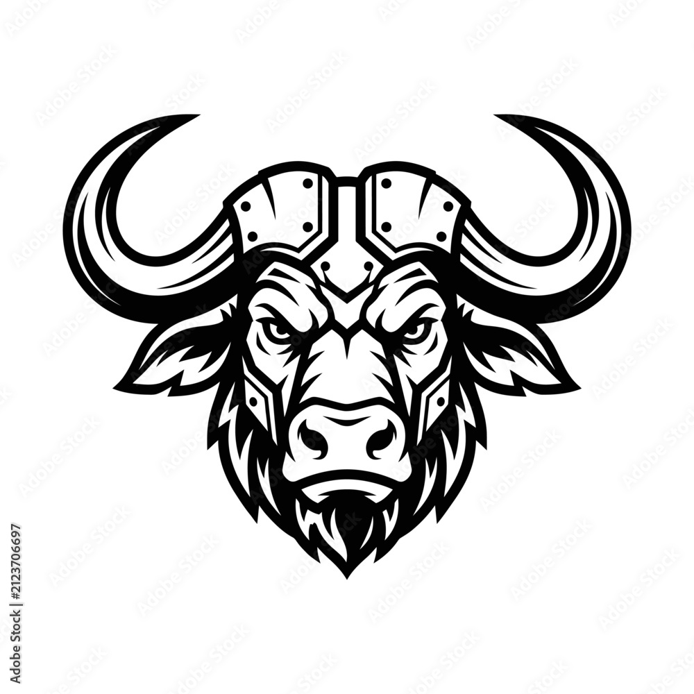 Fototapeta premium Buffalo head illustration with powerful horns and a determined expression, featuring armored details on its forehead, is rendered in a stark black and white style.
