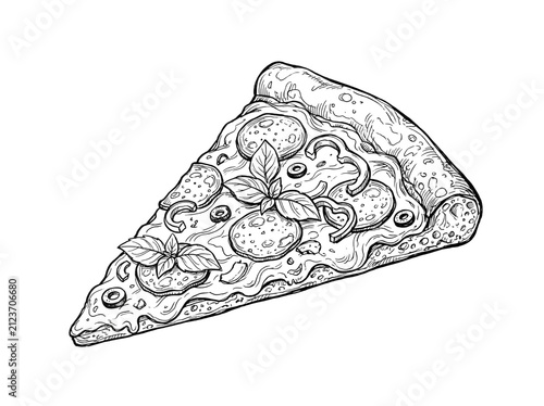 Hand drawn pizza slice illustration. Black and white sketch of pepperoni pizza piece.