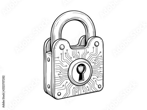 Vintage padlock with keyhole securing valuables. Antique metal lock icon for security and protection design.