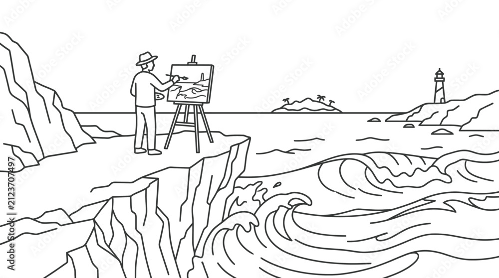 Fototapeta premium Artist painting landscape on cliff near lighthouse.