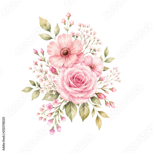 Cuadro en lienzo Watercolor floral bouquet with pink roses and baby's breath