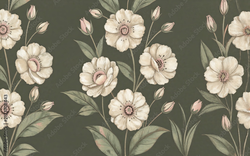 Obraz premium Elegant white flowers with green leaves on a dark olive background.