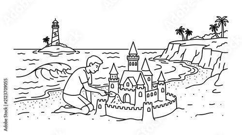 Person building sandcastle on beach near lighthouse cliffs.