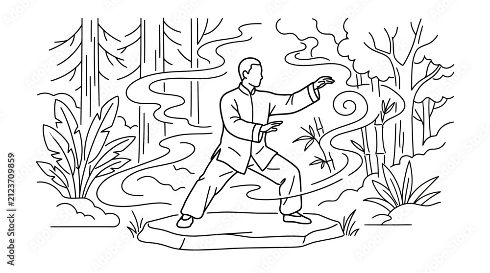 Fototapeta premium Person practicing Tai Chi in misty forest line art.