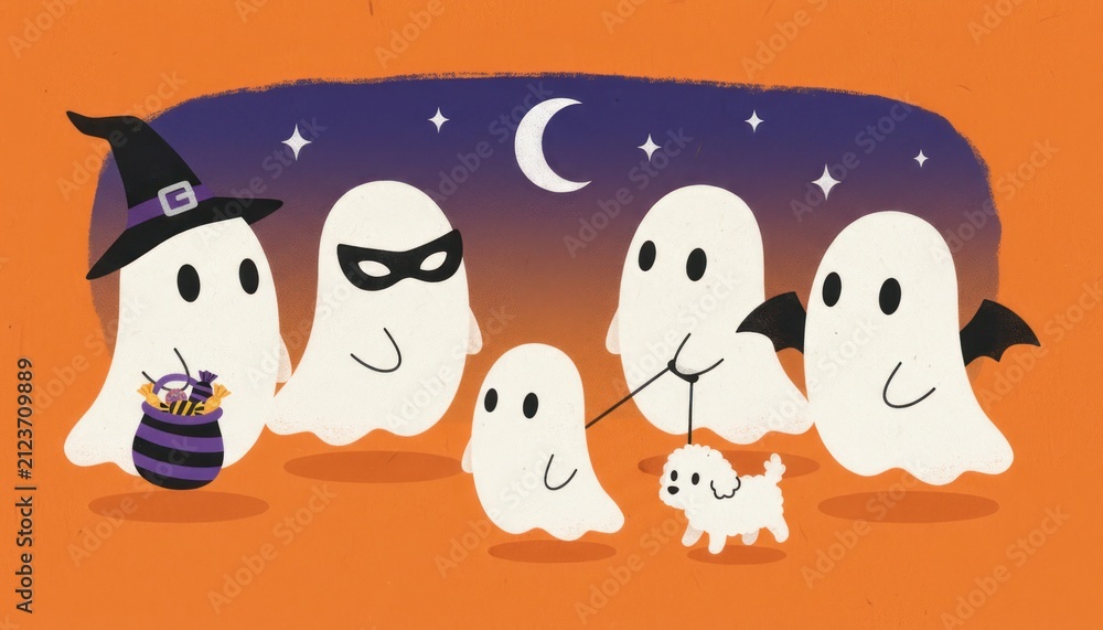 Obraz premium Halloween ghost illustration, cute spooky cartoon characters with witch hat and crescent moon, orange and purple night scene