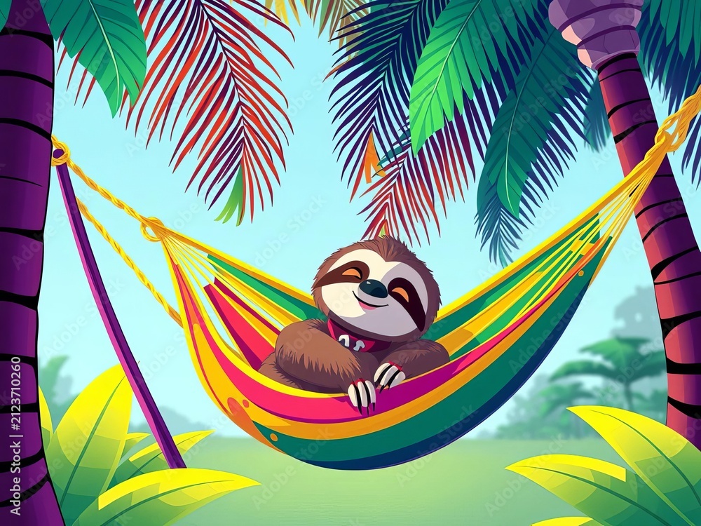 Fototapeta premium Cheerful cartoon sloth relaxing in a colorful hammock
