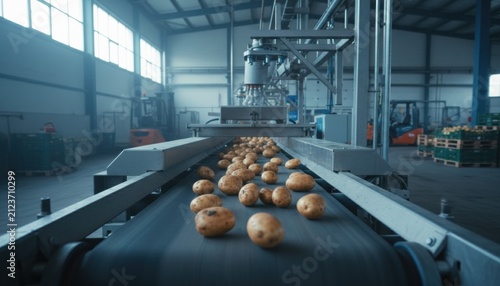 Freshly harvested unwashed potatoes move along a wide black conveyor belt in a large, dimly lit food production warehouse