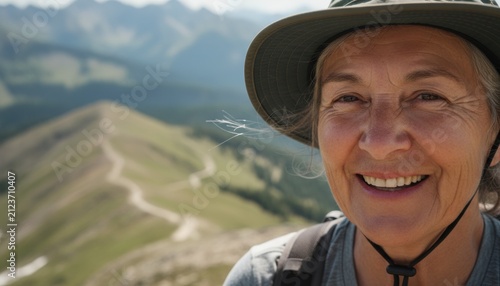 Close up portrait of a smiling older woman wearing a sun hat and backpack, hiking on a sunny mountain ridge trail