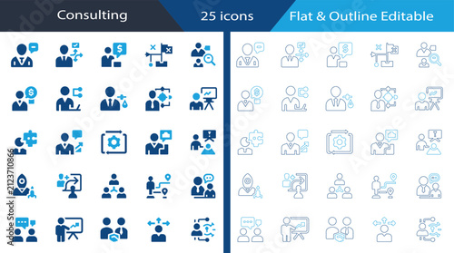 Consulting Flat and Outline Editable Vector Icon Set with Business Strategy, Financial Advisor, Project Management, Leadership, Teamwork, Workflow, Analytics and Client Consulting.