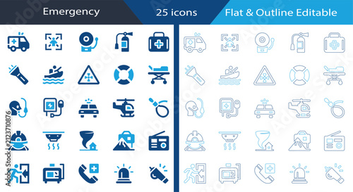 Emergency Flat and Outline Editable Vector Icon Set with Ambulance, First Aid, Fire Safety, Rescue Equipment, Evacuation, Medical Response, Disaster Warning and Emergency Services.