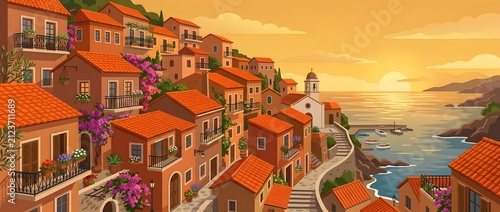 Coastal village with orange roof houses on a hillside at sunset