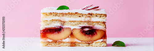 Layers of pie showcase peach jam and vanilla cream, separated by light dough. The pie sits on a plain surface, highlighting its vibrant details