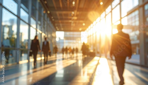 Busy corporate hall filled with business people walking through bright sunlight streaming through floor to ceiling windows