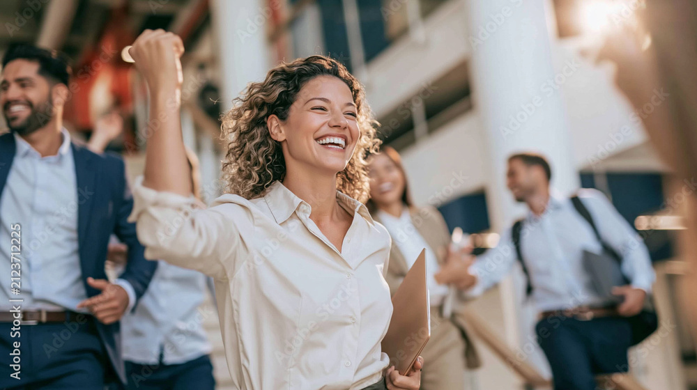 Obraz premium Businesswoman celebrating success with cheering colleagues, expressing joy and achievement after a project victory