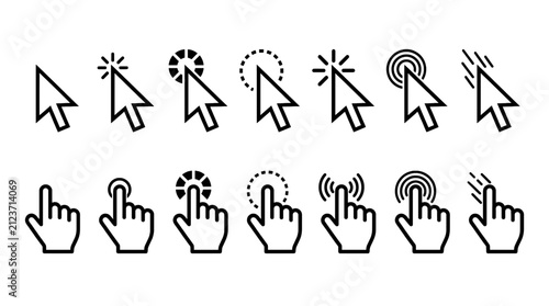 Collection of computer mouse cursor and hand pointer icons for web interface design and user interaction navigation
