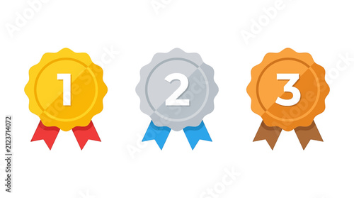 Fotografie Set of gold silver and bronze award medals with ribbons for first second and thi